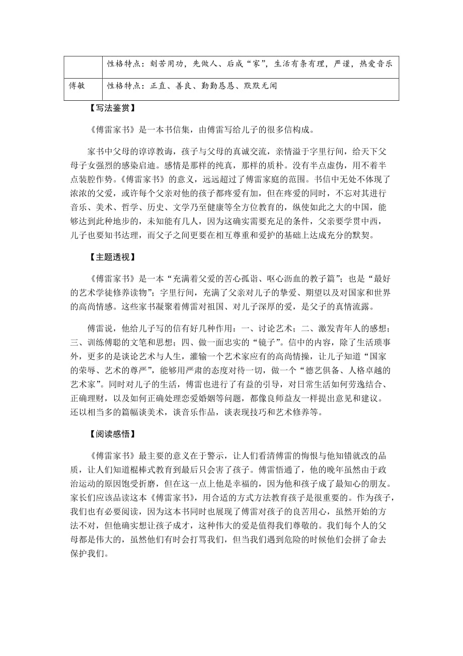 2020年浙江中考语文总复习素材：第2部分　阅读　专题一名著阅读 (七)《傅雷家书》_第2页