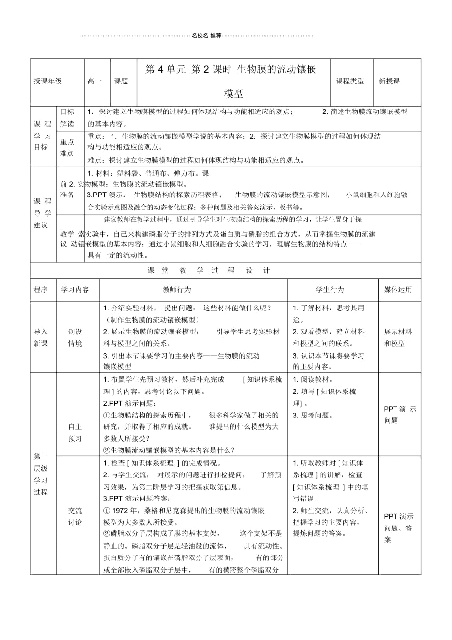 【多彩课堂】高中生物第4章第2节生物膜的流动镶嵌模型名师精选教案新人教版必修1_第1页