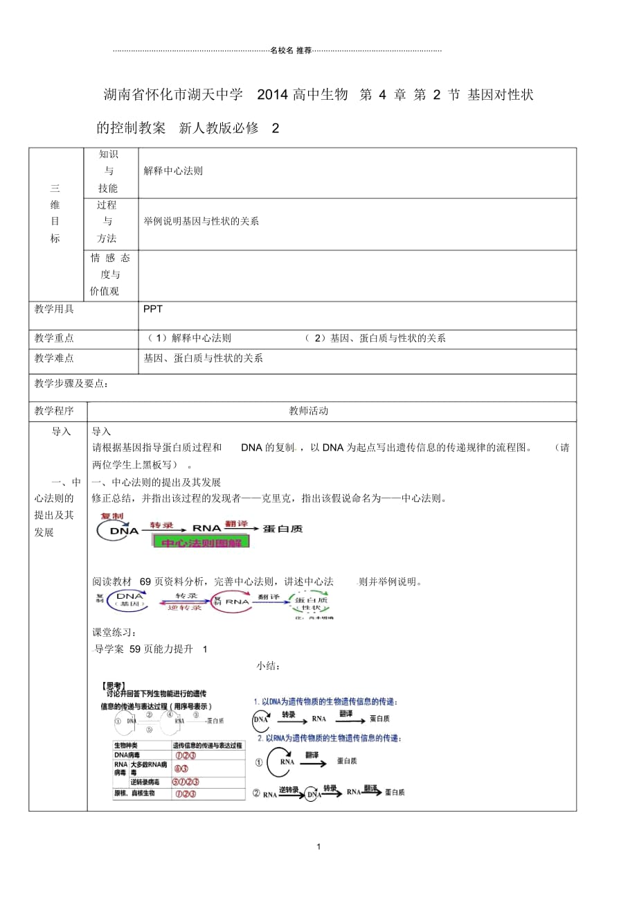 湖南省怀化市湖天中学高中生物第4章第2节基因对性状的控制名师精选教案新人教版必修2_第1页