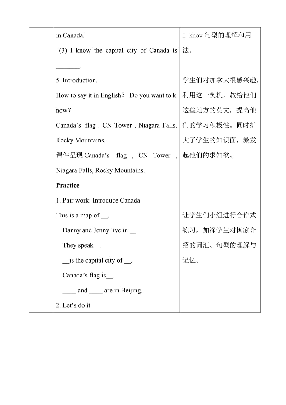 五年级上册英语教案-Lesson 8 Canada 冀教版_第4页