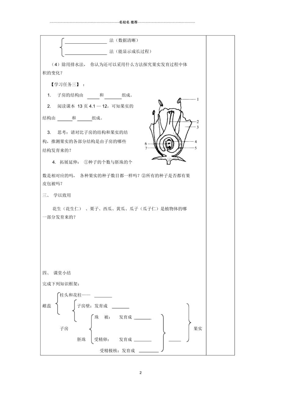 山东省庆云县八年级生物上册4.1.3《果实与种子的形成第》名师精编学案1(无答案)济南版_第2页