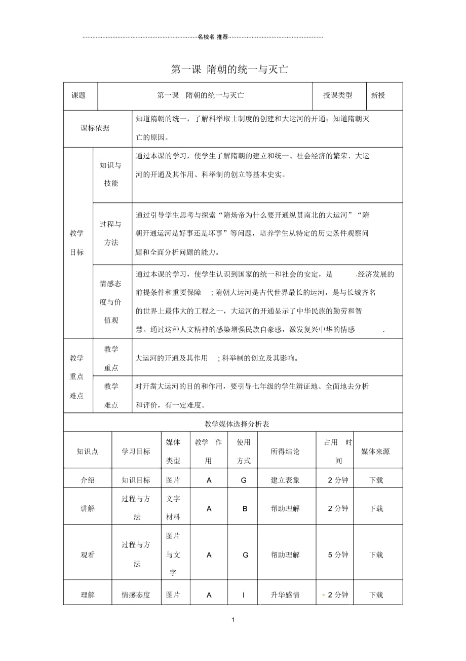 陕西省安康市石泉县池河镇七年级历史下册第一单元隋唐时期：繁荣与开放的时代第1课隋朝的统一与灭亡名_第1页