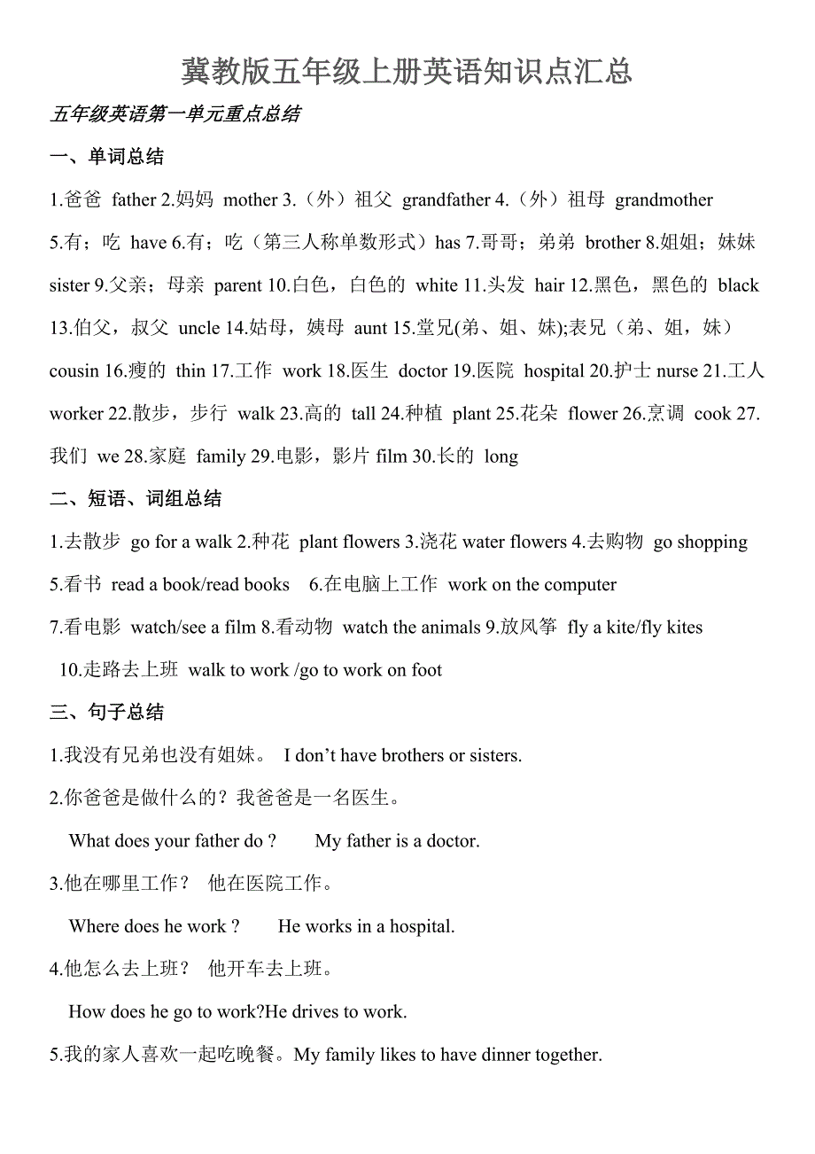 冀教版五年级上册英语知识点汇总（最新编写-修订版）_第1页