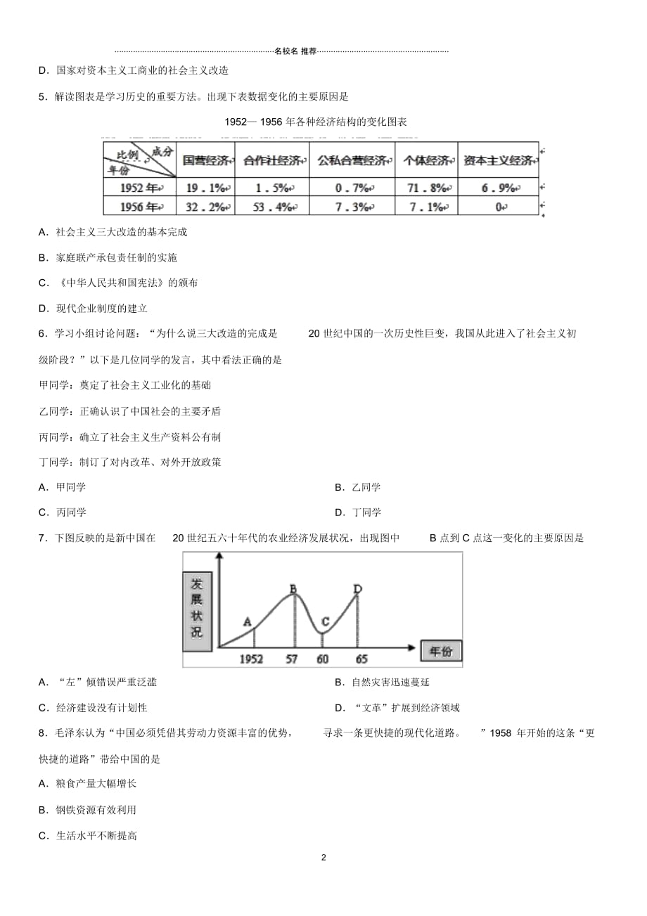 中考历史专题训练卷社会主义道路的探索_第2页