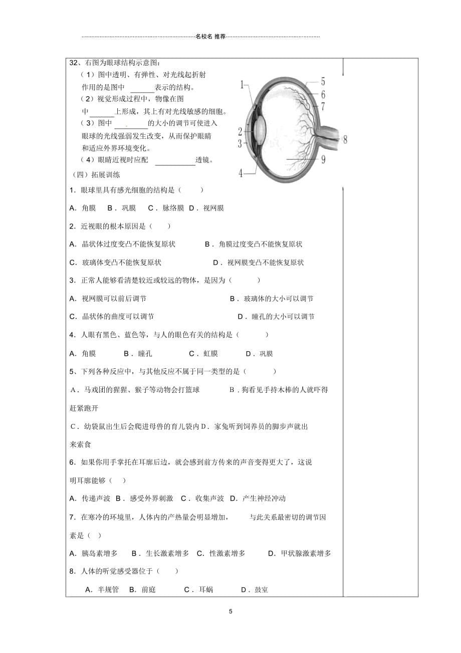 山东省泰安新泰市初中七年级生物下册第六章人体生命活动的调解复习名师精选教案新人教版_第5页