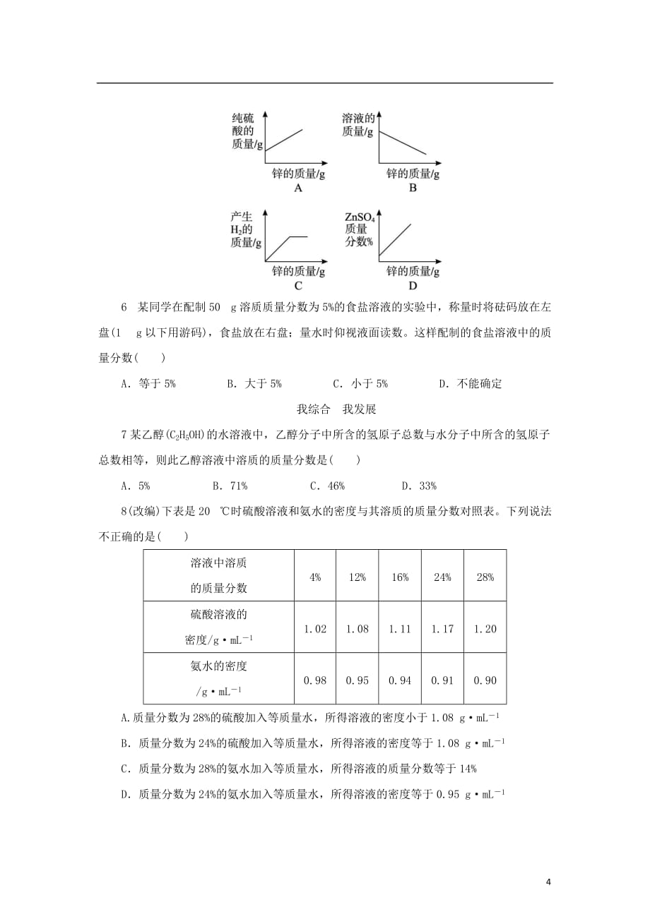 九年级化学全册 6.2 溶液组成的表示同步练习 （新版）沪教版_第4页