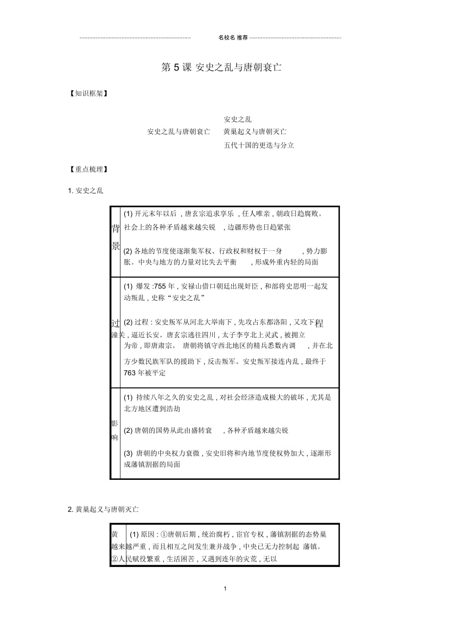 初中七年级历史下册第一单元隋唐时期繁荣与开放的时代第5课安史之乱与唐朝衰亡备考速记新人教版精编版_第1页