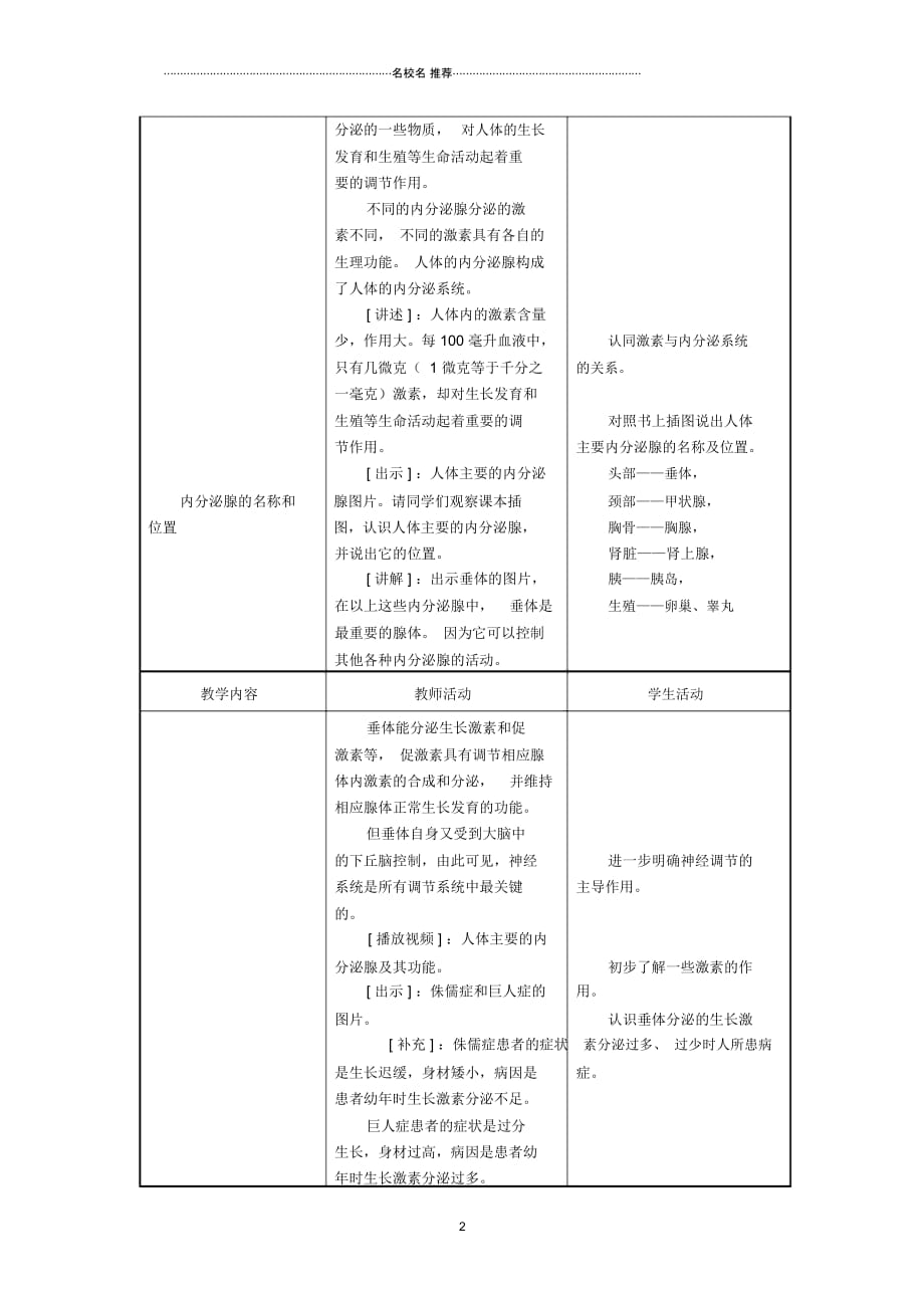 初中七年级生物下册12.1人体的激素调节名师精选教案(新版)苏教版_第2页