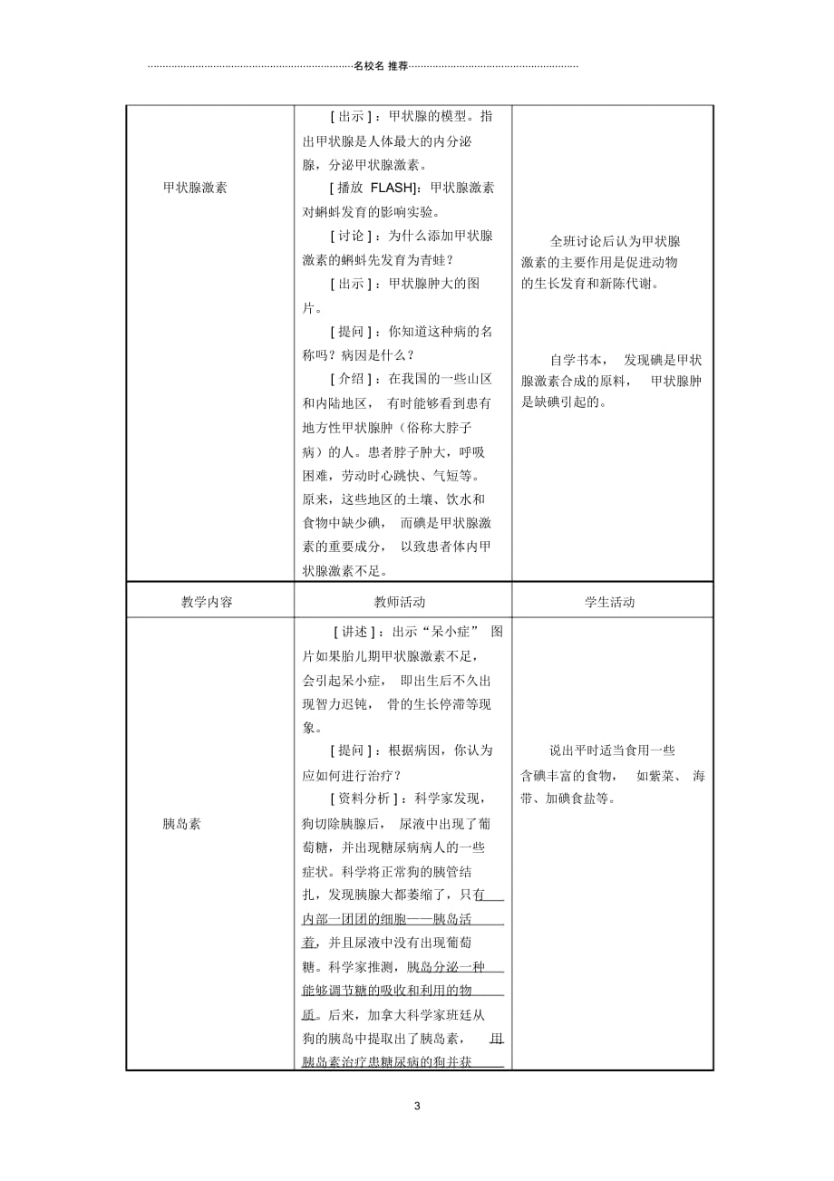 初中七年级生物下册12.1人体的激素调节名师精选教案(新版)苏教版_第3页