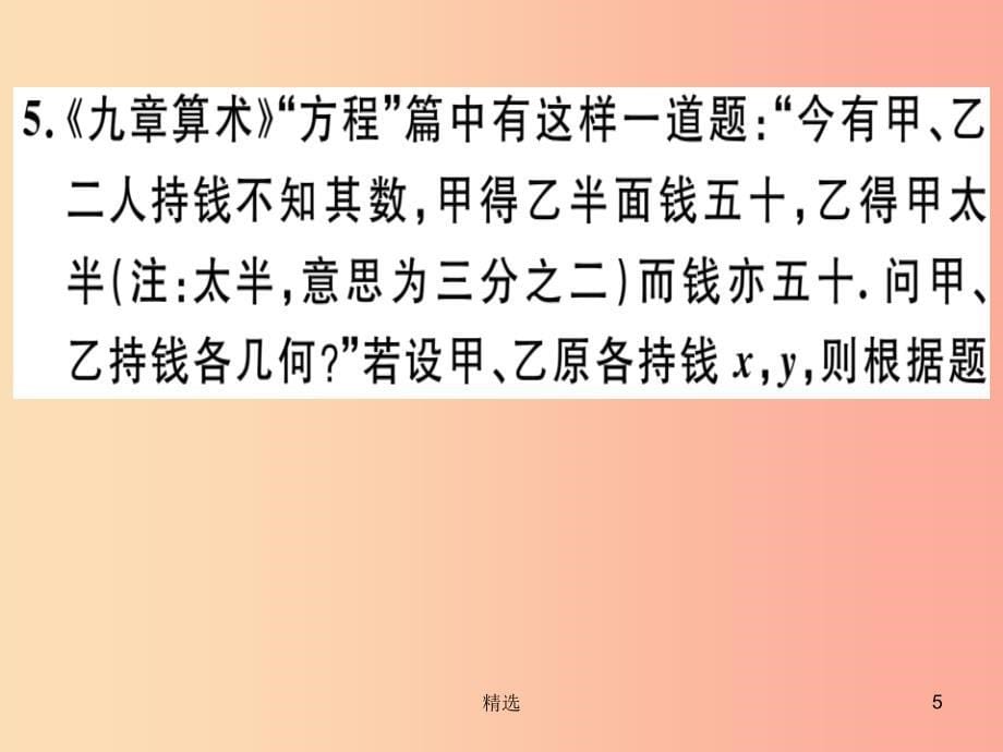 通用版201X年秋八年级数学上册阶段综合训练九二元一次方程组及其应用测试范围5.1-5.5习题讲评北师大版_第5页