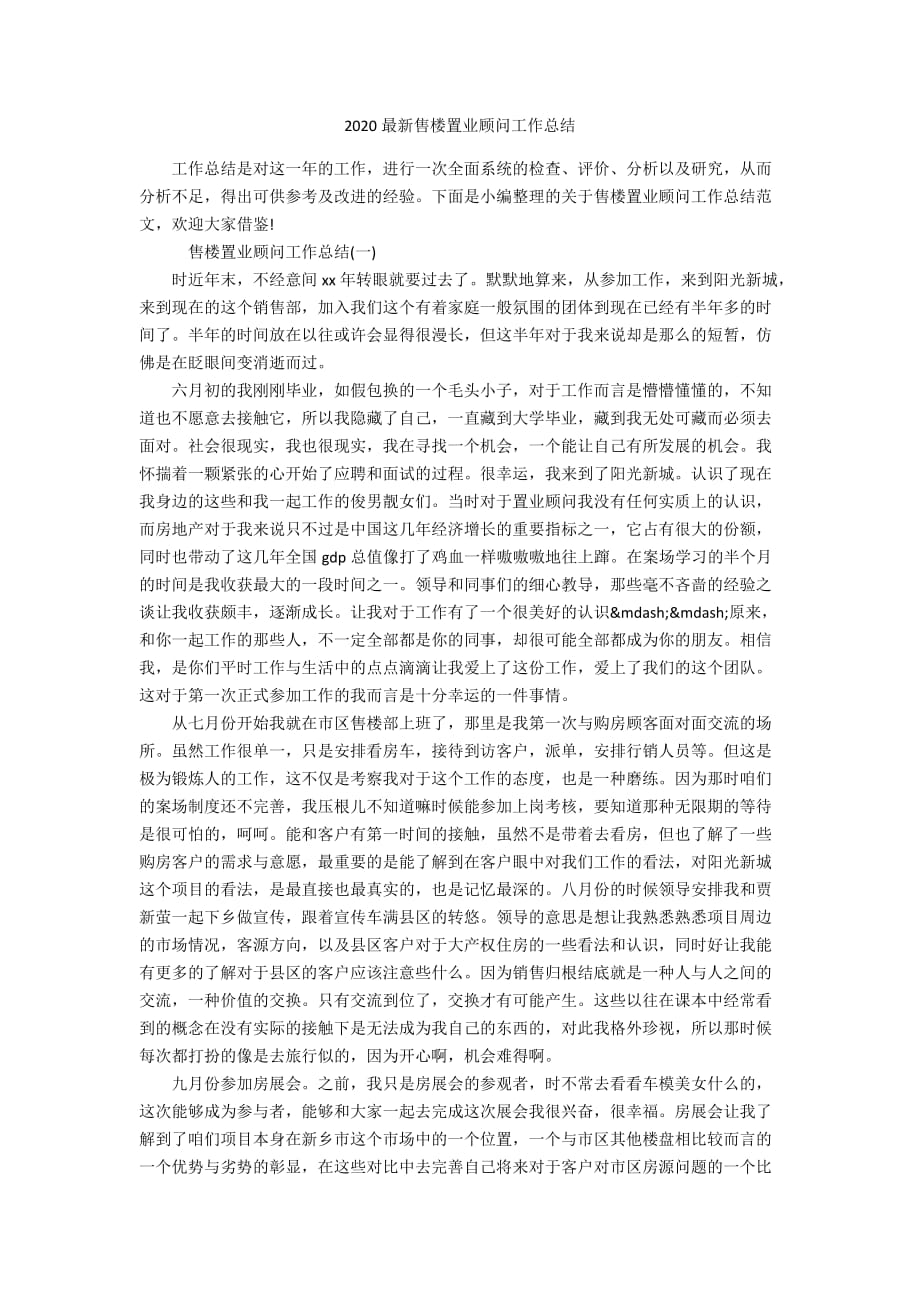 2020最新售楼置业顾问工作总结_第1页