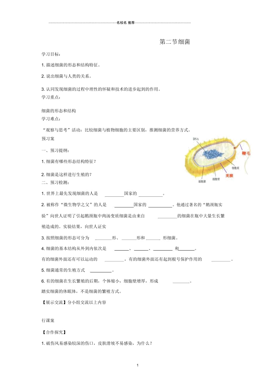 八年级生物上册5.4.2细菌名师精编导学案2无答案新版新人教版_第1页