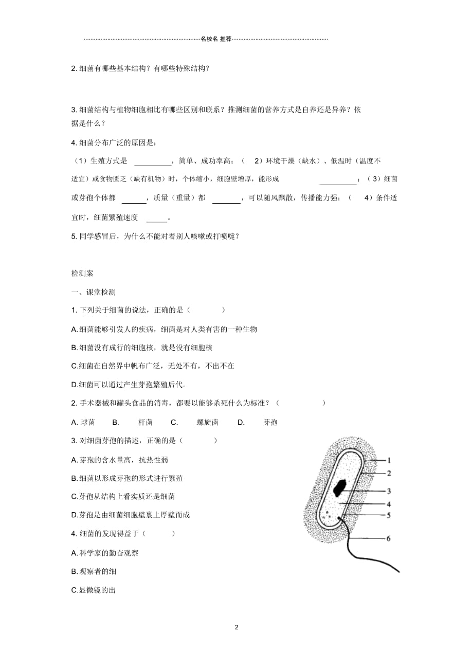 八年级生物上册5.4.2细菌名师精编导学案2无答案新版新人教版_第2页