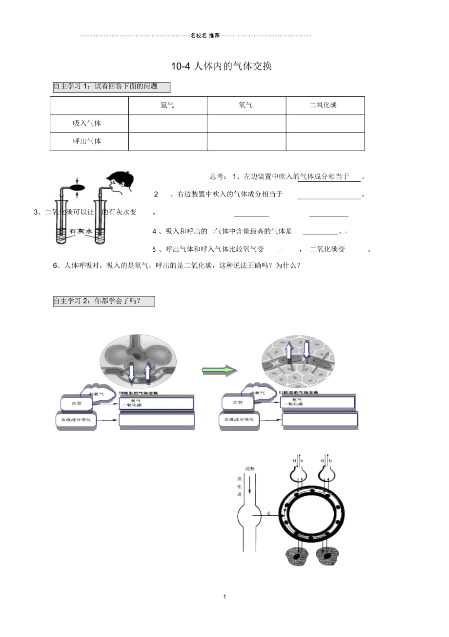 江苏省南京市初中七年级生物下册10.4人体内的气体交换名师精编学案(无答案)(新版)苏教版_第1页