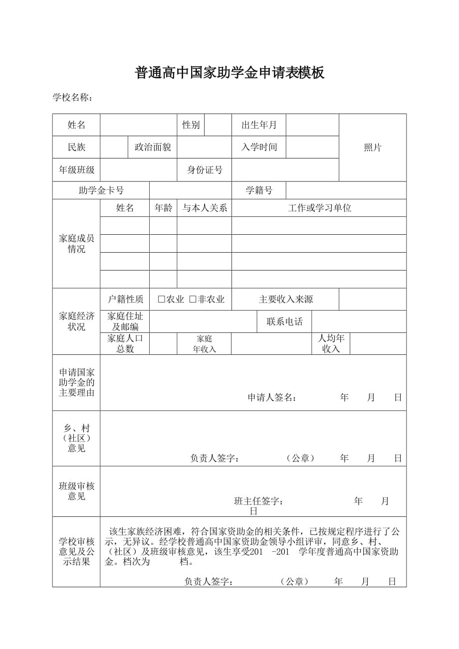 普通高中国家助学金申请表模板-_第1页