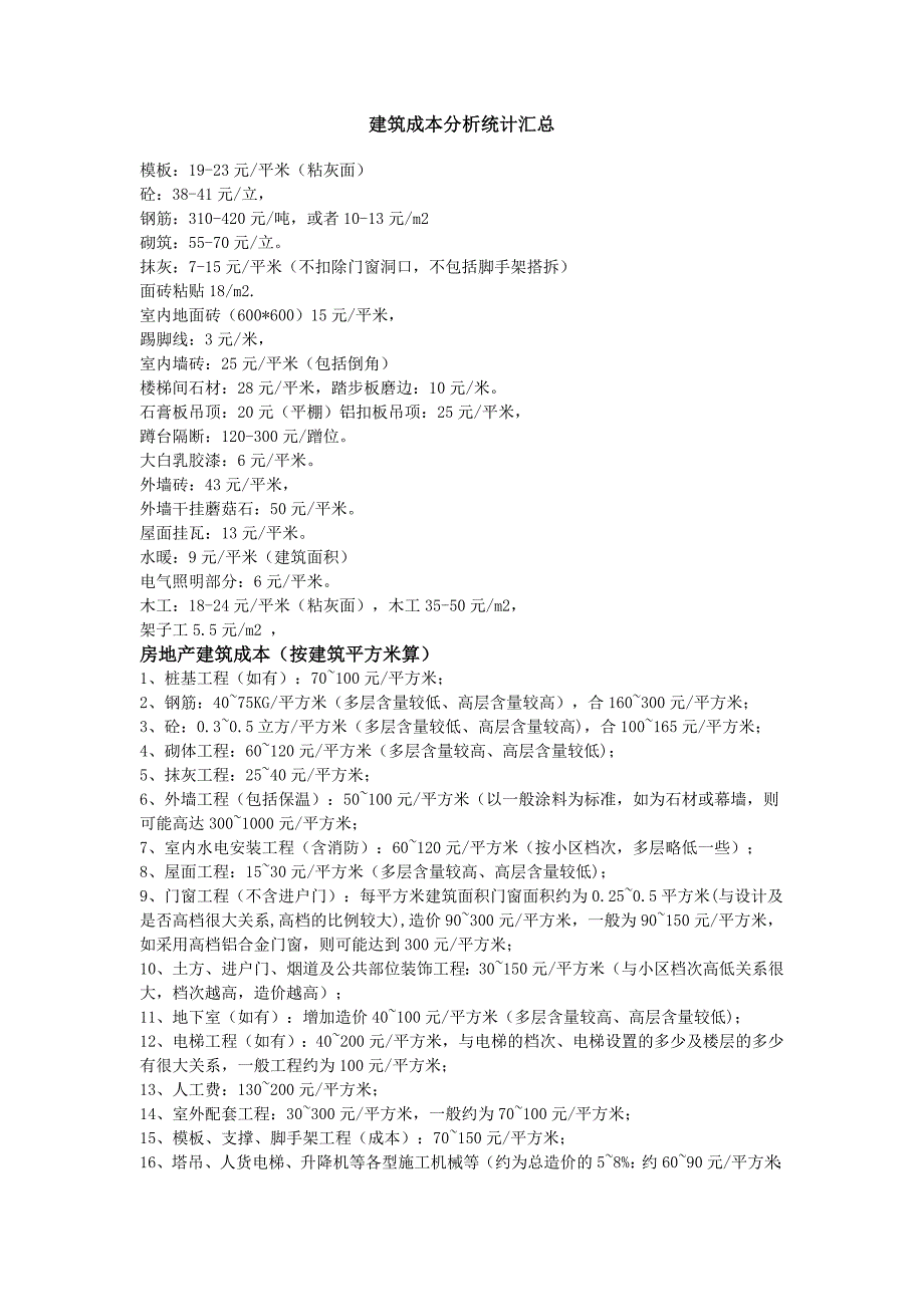 1650编号建筑成本分析统计汇总_第1页