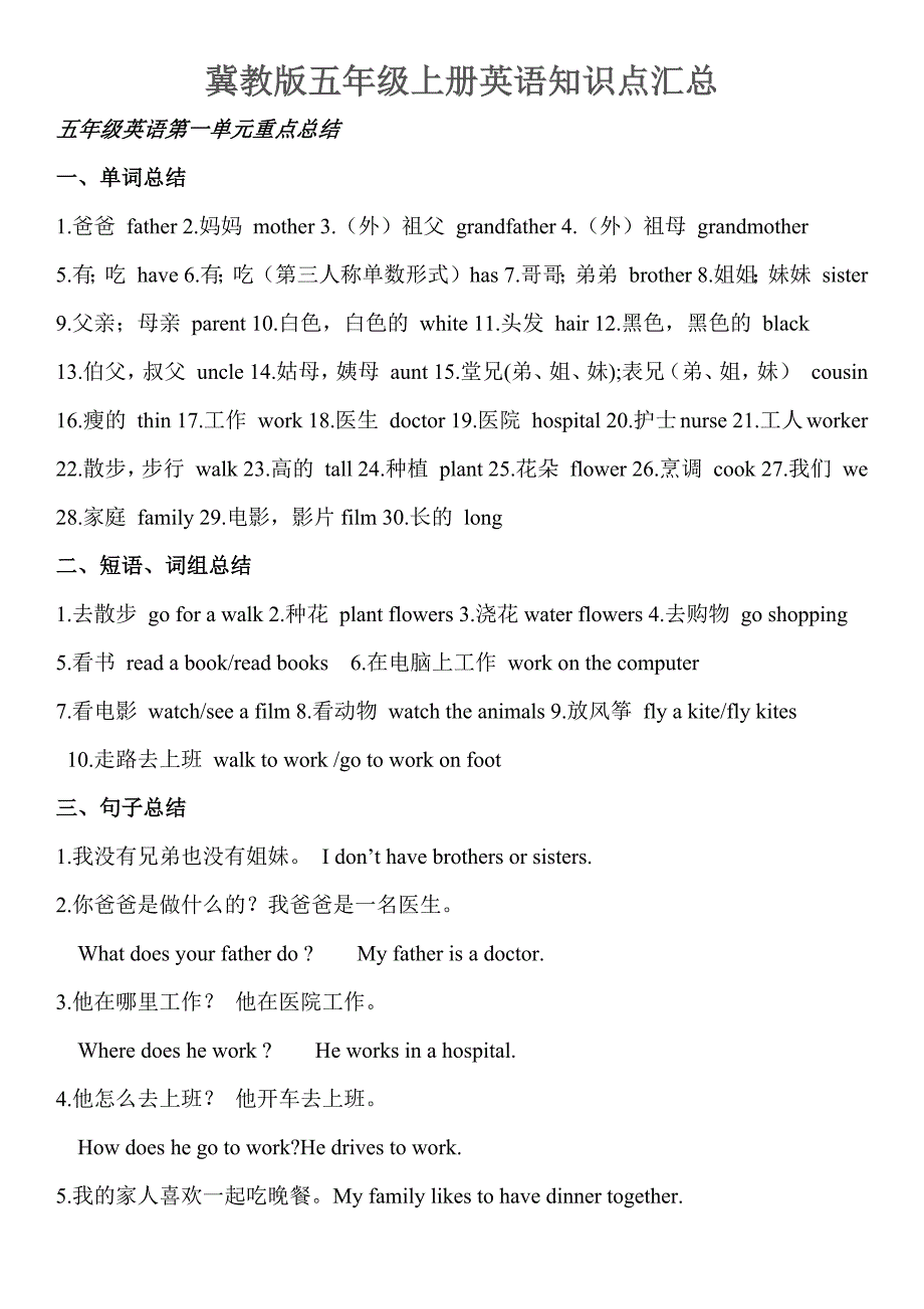 冀教版五年级上册英语知识点汇总_第1页