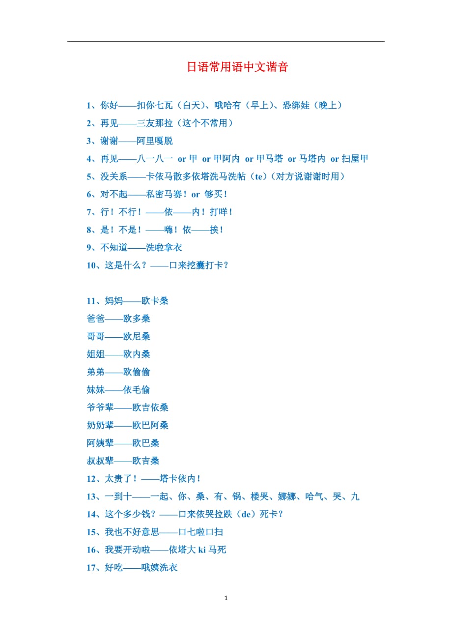 2020年整理日语学习资料日语常用语中文谐音(非常好记).doc_第1页