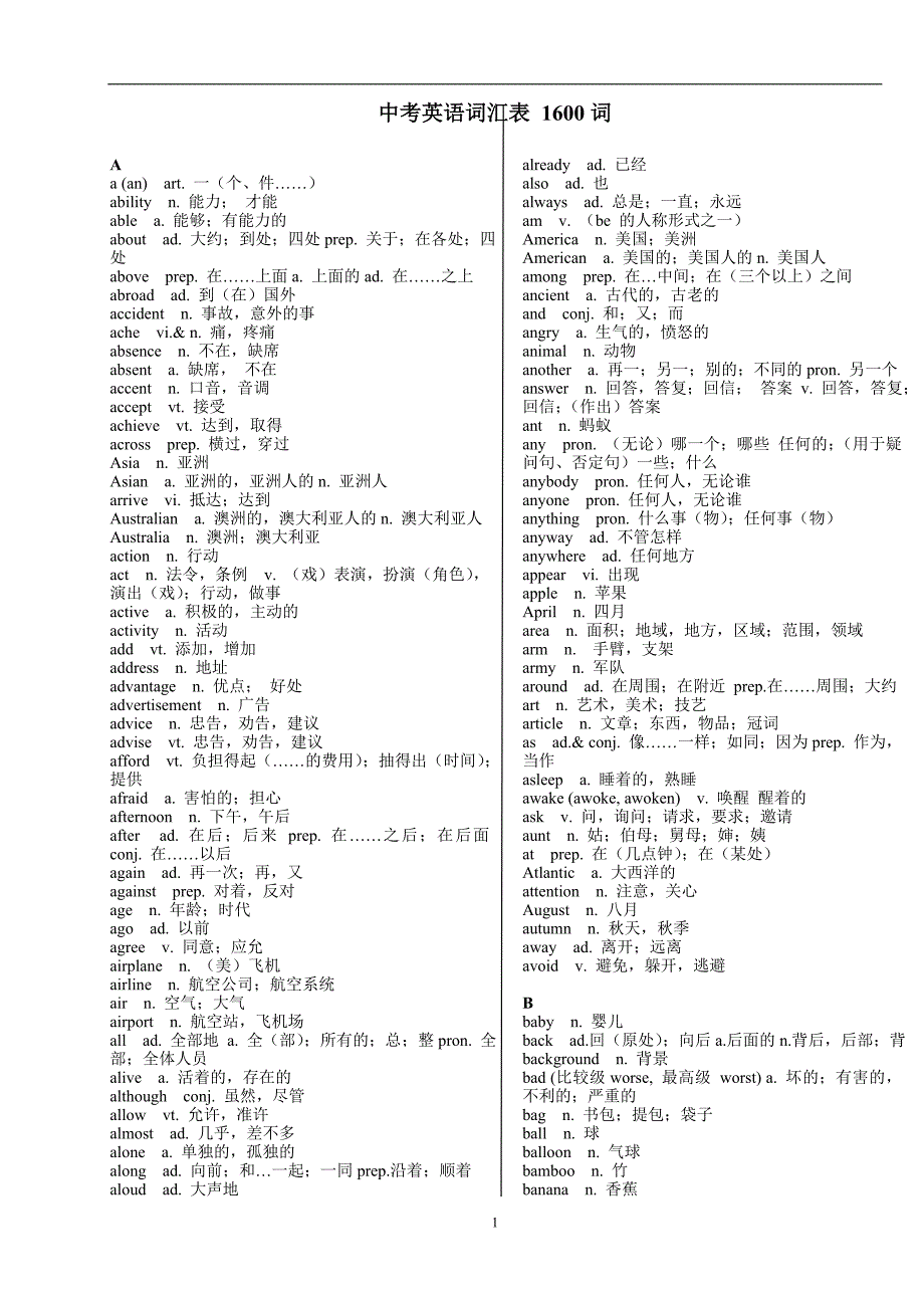 {精品}中考英语词汇表(1600词汇+词组)_第1页