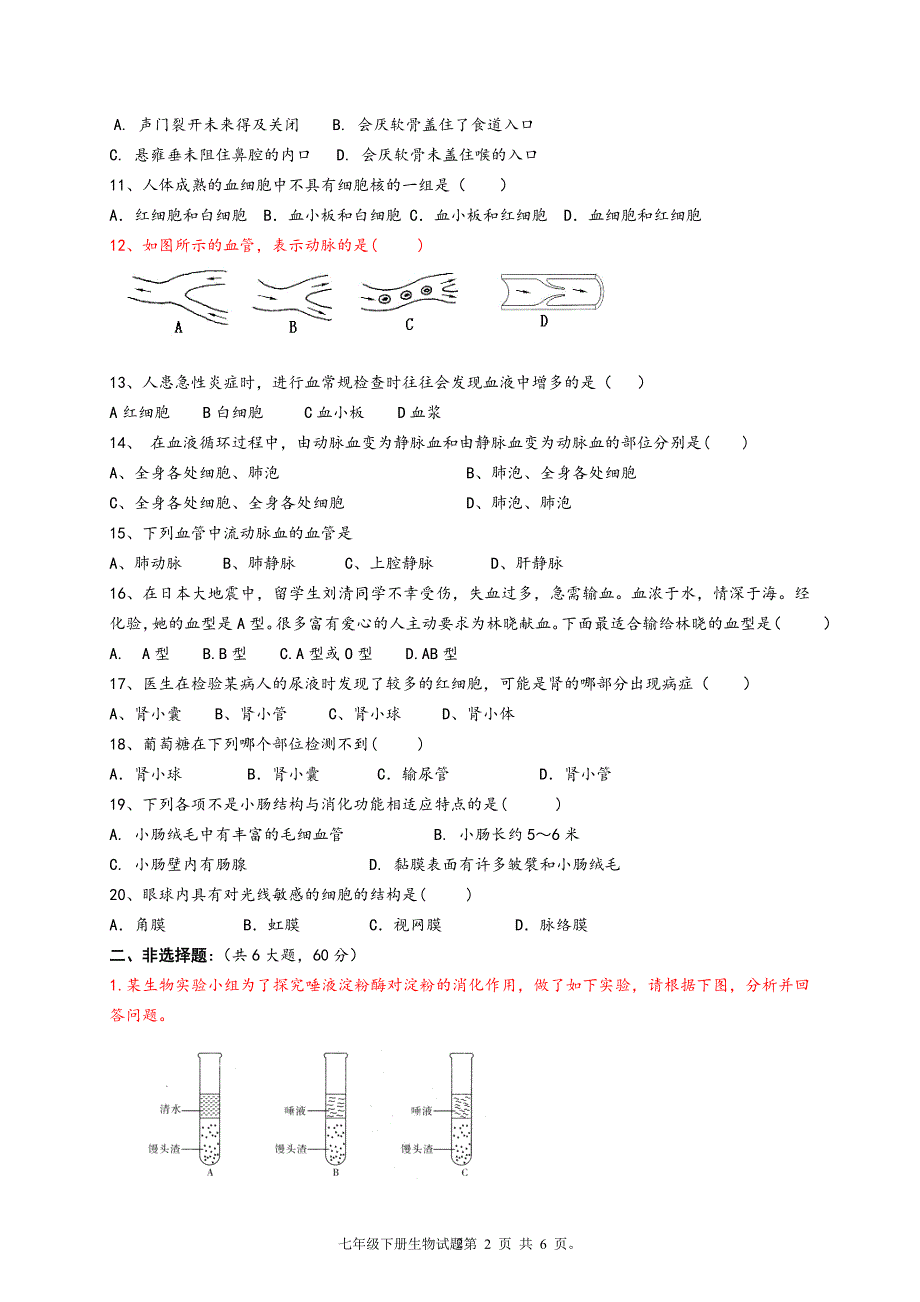 人教版七年级下册生物期末测试题附答案_第2页