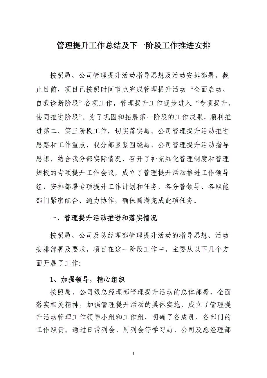 管理提升工作总结及管理提升二、三阶段推进安排）_第1页