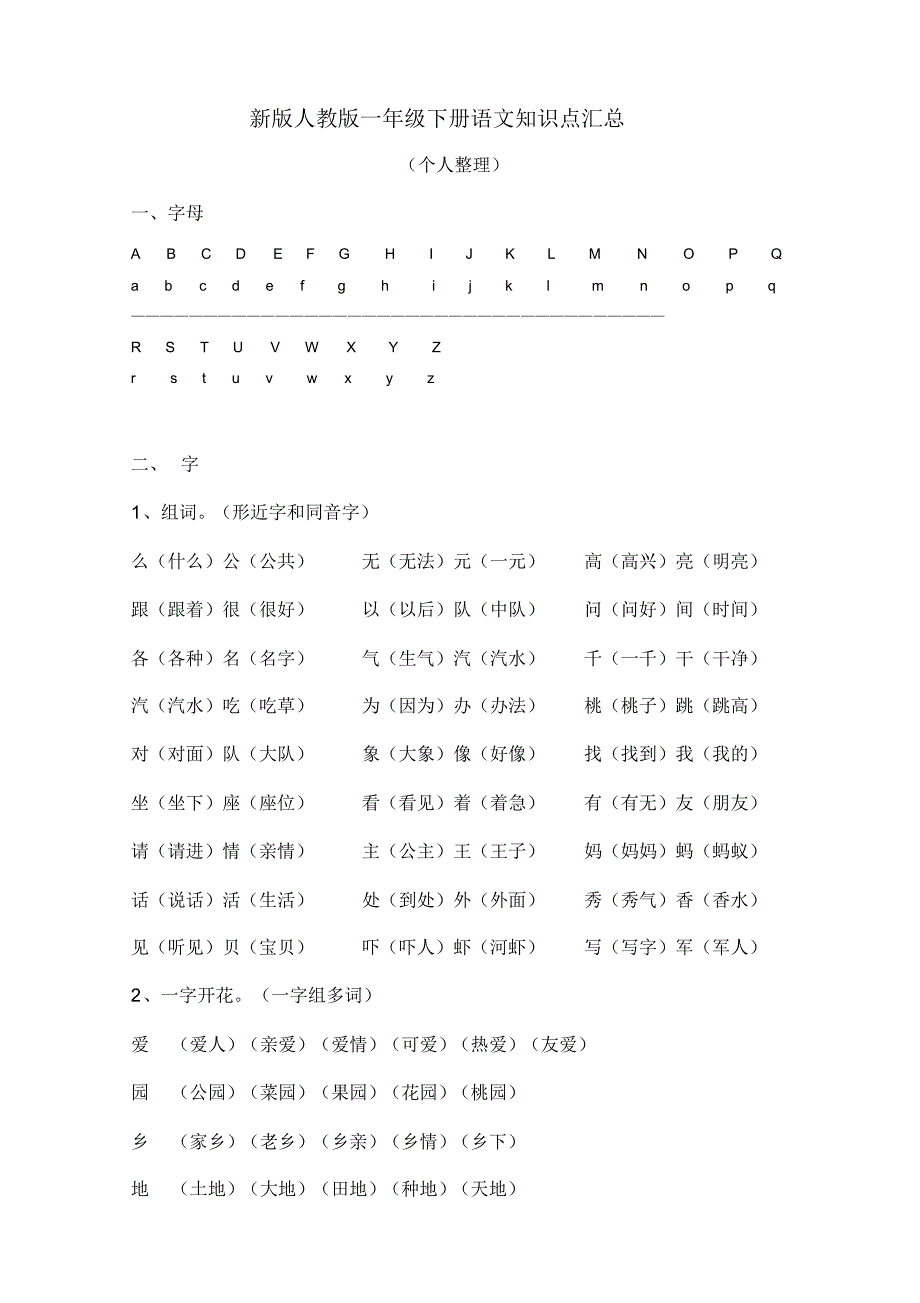 (完整版)新版人教版一年级下册语文知识点汇总_第1页