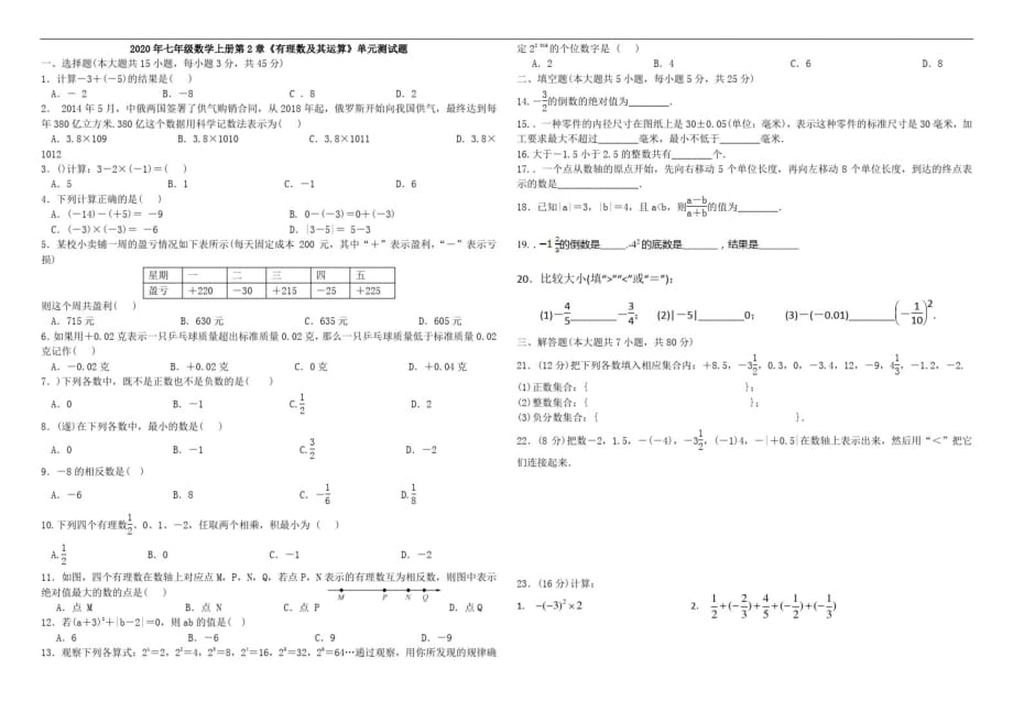 _北师大版七年级数学上册第2章《有理数及其运算》单元测试题(无答案)_第1页