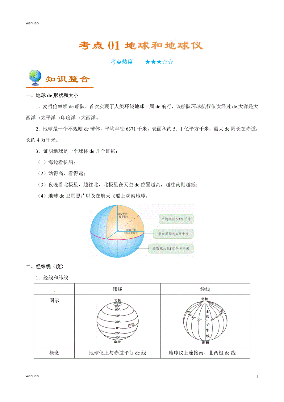 考点01 地球和地球仪-备战2021年中考地理考点一遍过{精品文档}_第1页