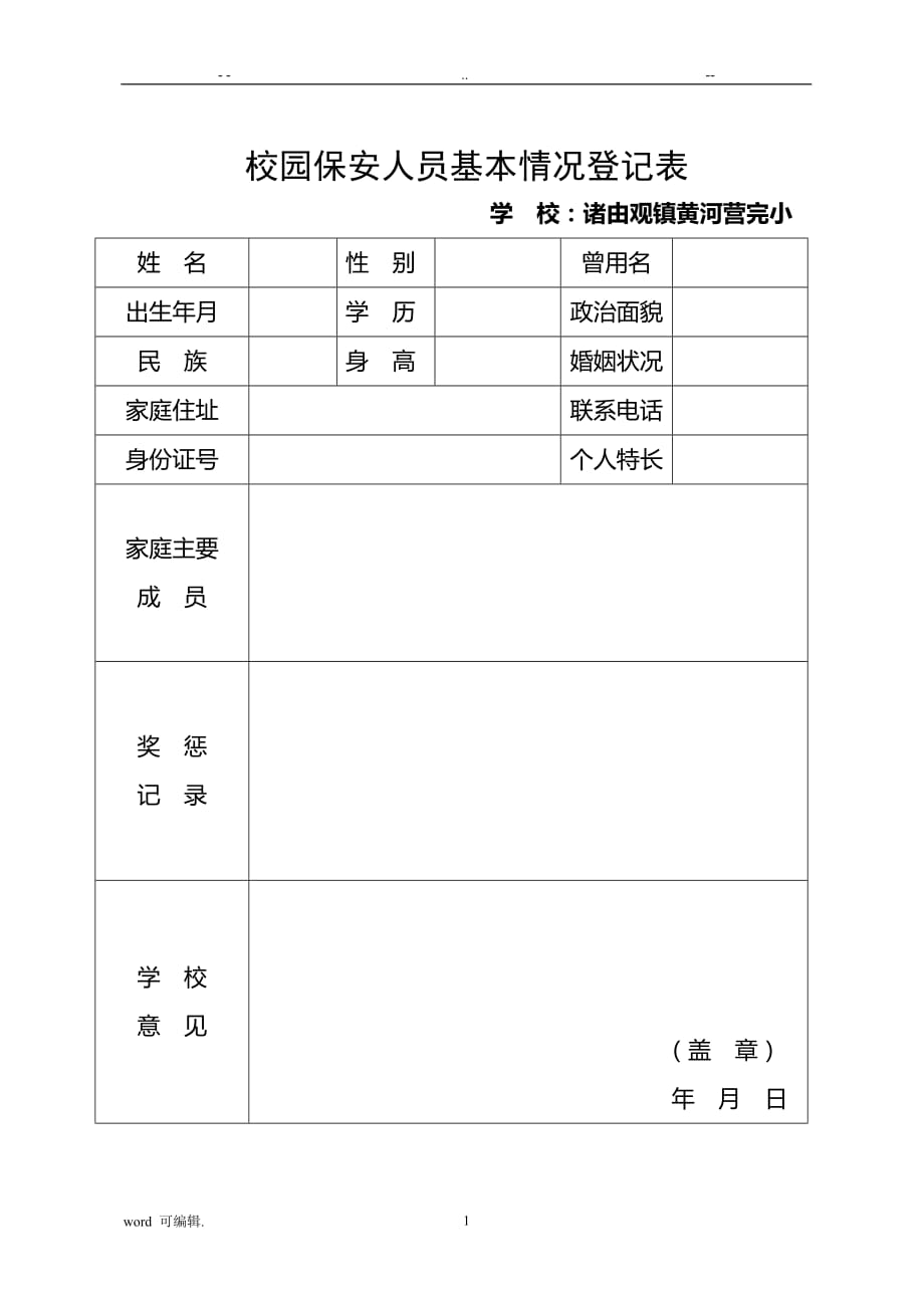 2020年整理校园保安人员基本情况登记表格模板.doc_第1页