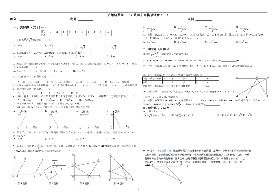 2020年整理新人教版 八年级下数学期末试卷(二).doc_第1页