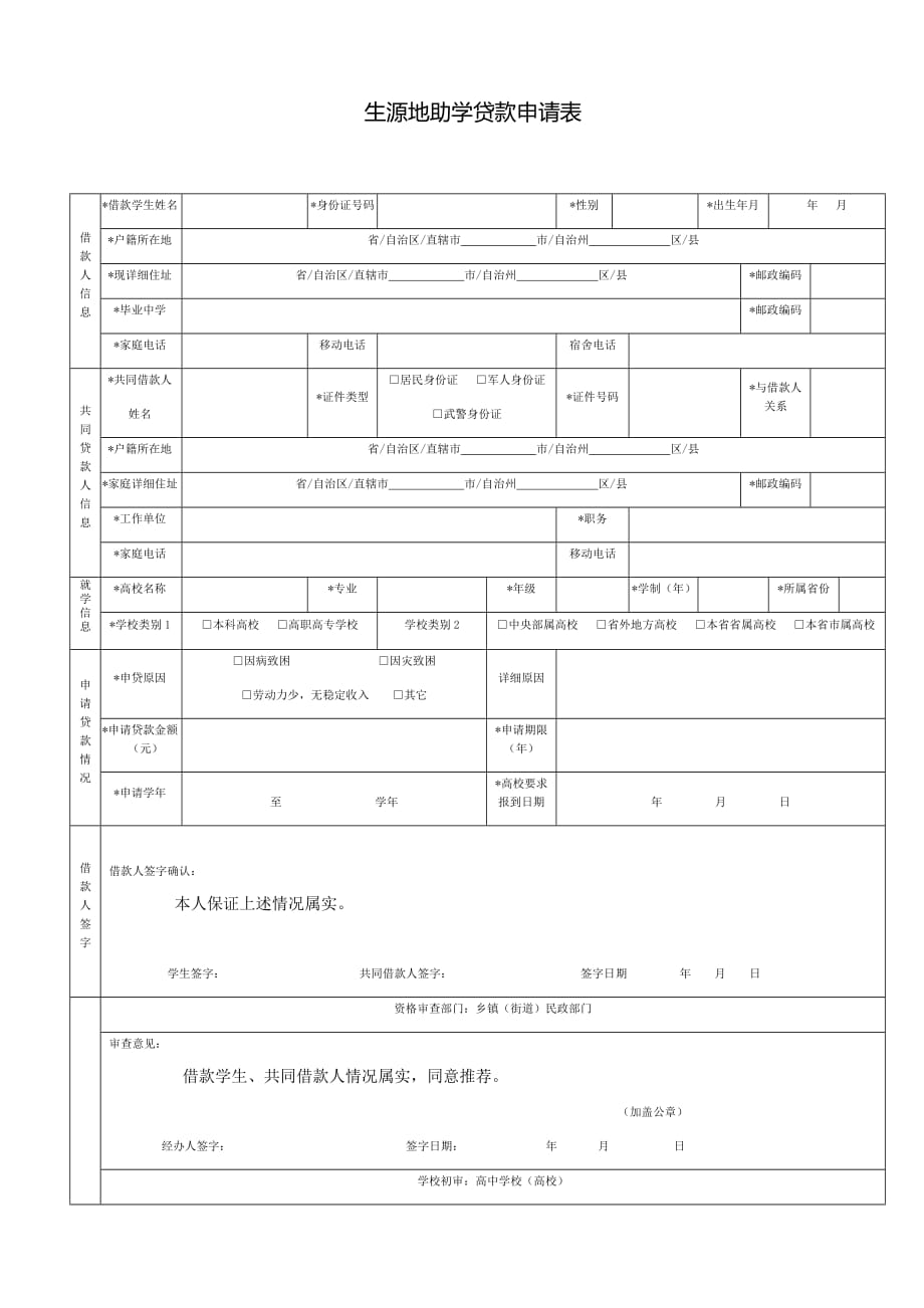 {精品}生源地助学贷款申请表 生源地助学贷款_第1页