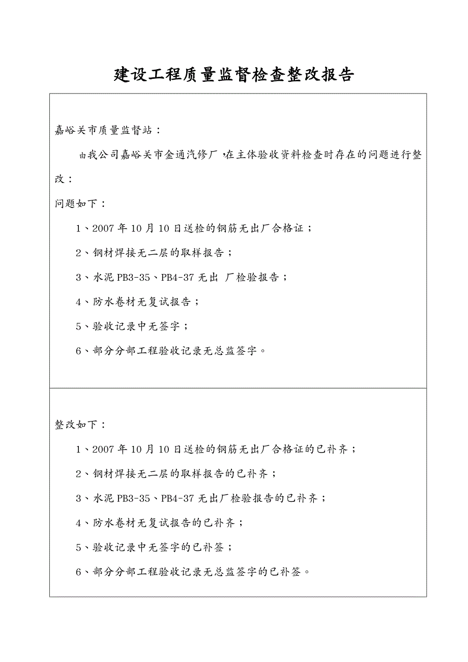 建筑工程质量 建设工程质量监督检查整改报告_第2页