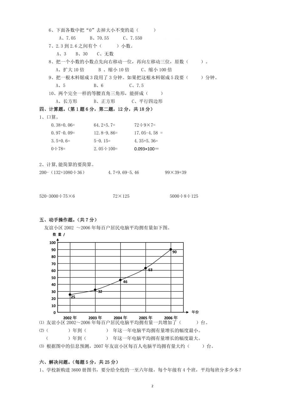 小学四年级下学期数学期末试卷及答案（2020年整理）.pdf_第2页