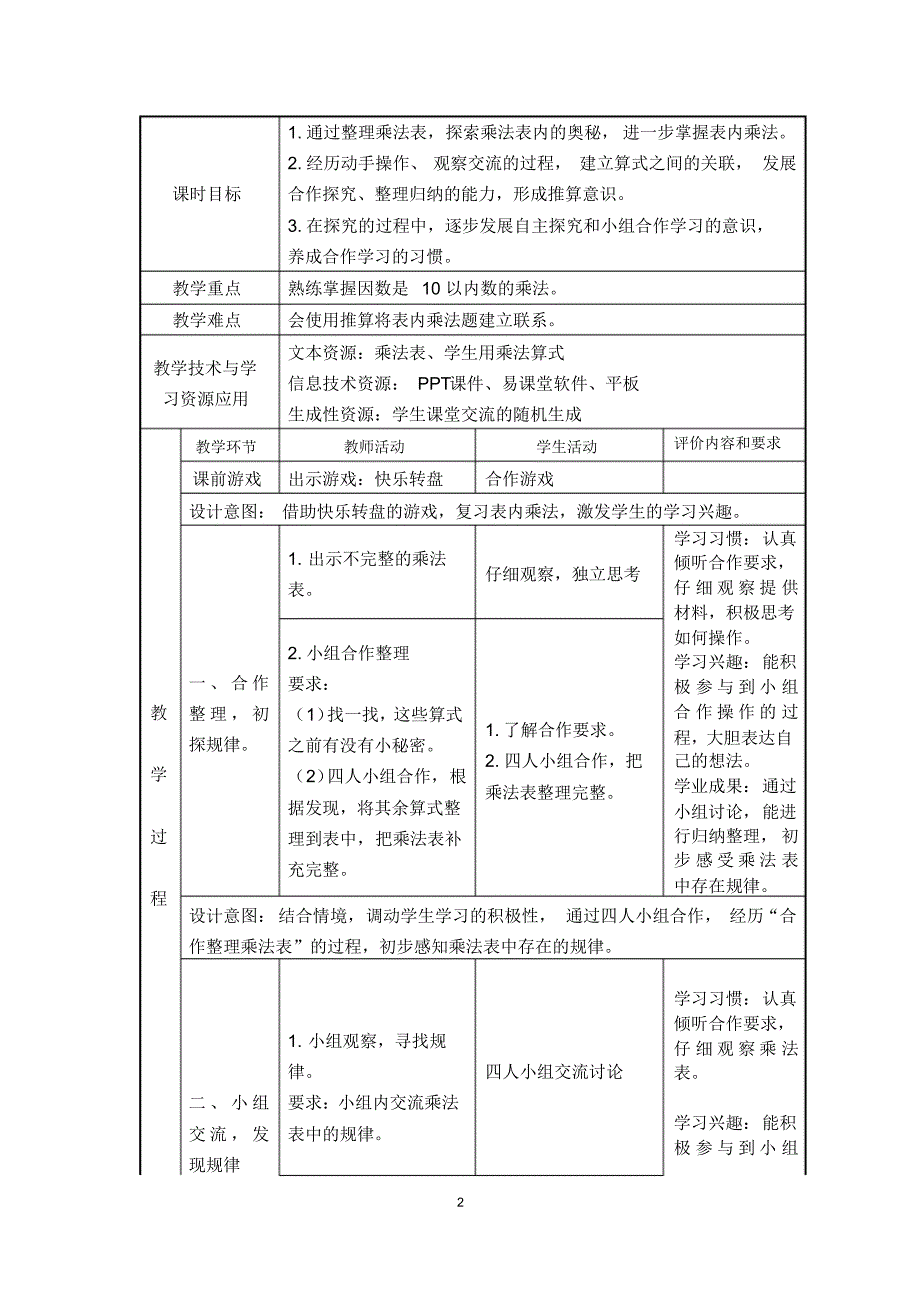 二年级上册数学教案-6.1整理与提高(大家来做乘法)▏沪教版_第2页