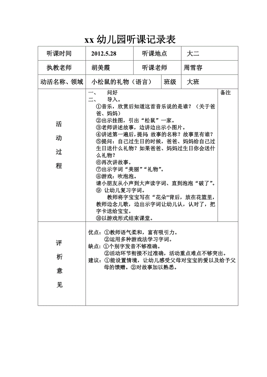 20编号xx幼儿园听课记录表_第1页