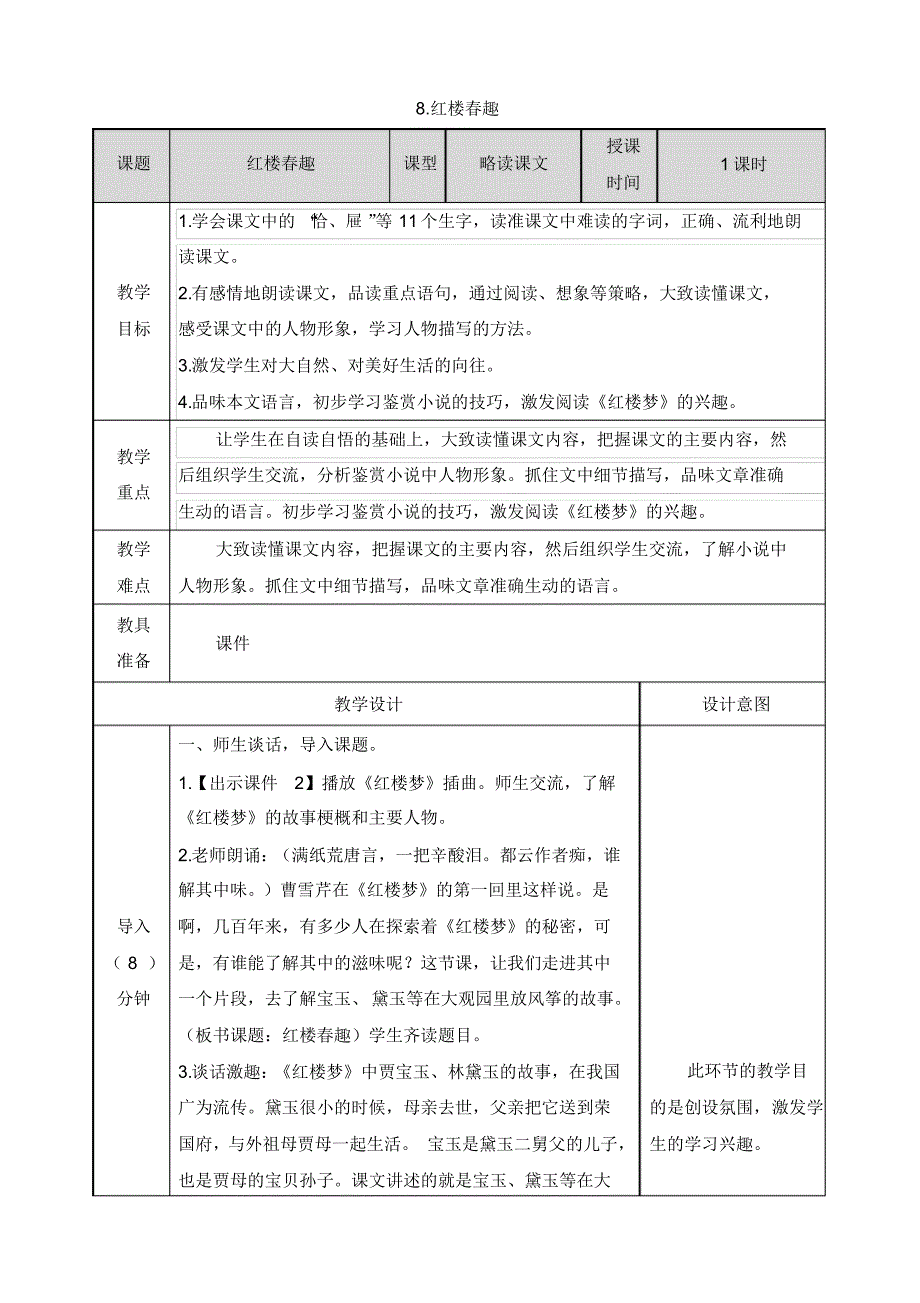 部编版五年级语文下册第8课《红楼春趣》教案教学设计及教学反思_第1页