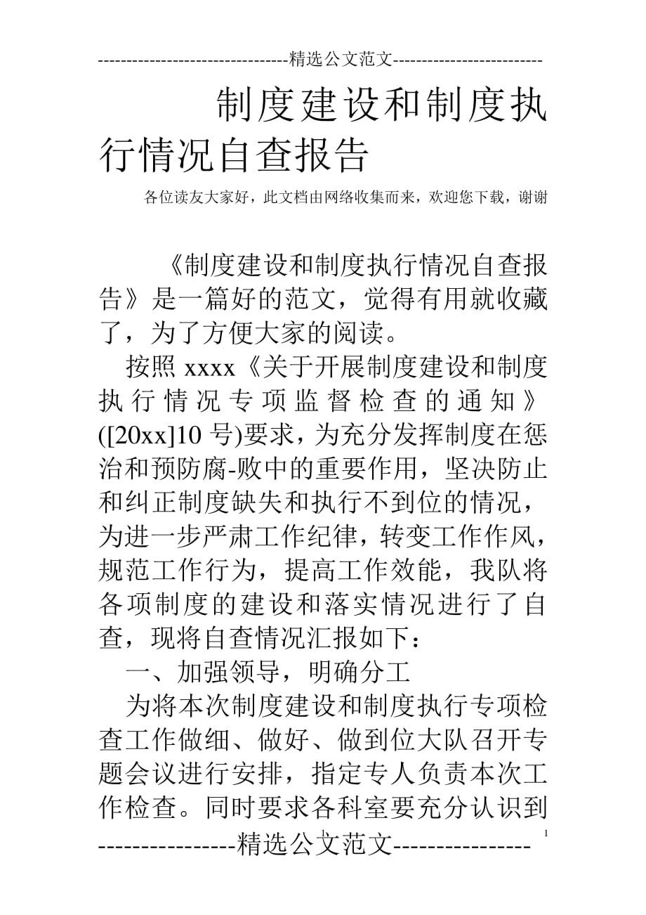 制度建设和制度执行情况自查报告（2020年整理）.pdf_第1页