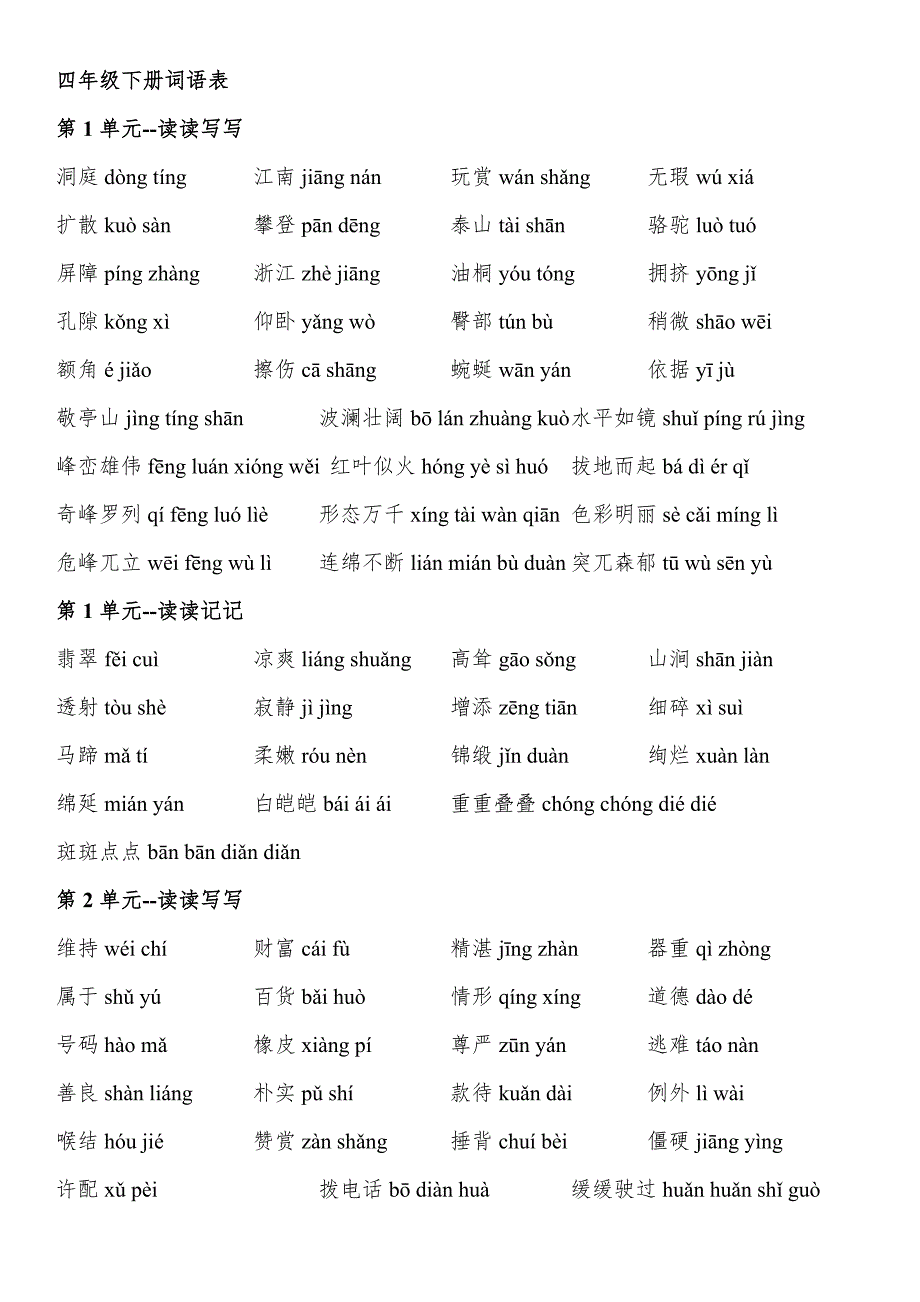 人教版小学语文四年级下册词语表(带拼音)_第1页