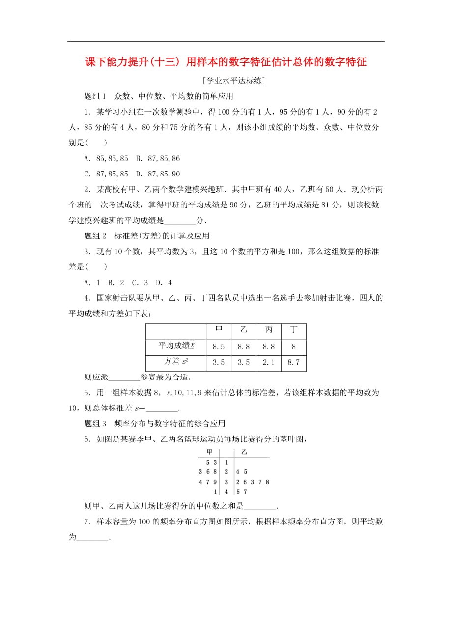 高中数学 课下能力提升（十三）用样本的数字特征估计总体的数字特征 新人教A版必修3_第1页