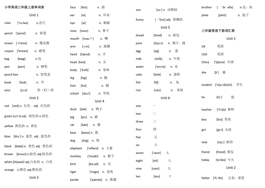 小学英语三年级上册单词表_第1页