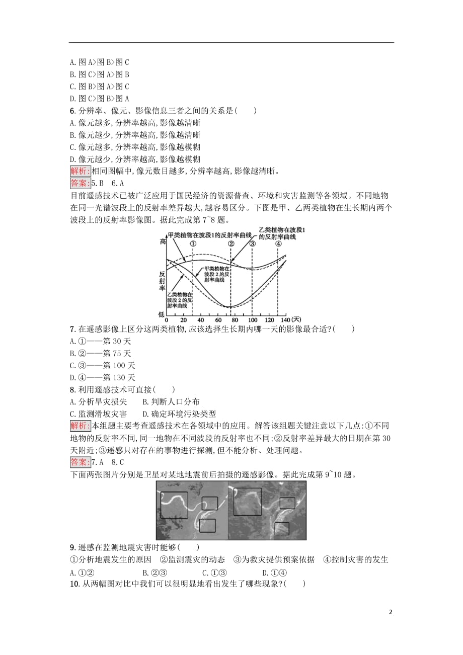 高中地理 第三章 地理信息技术的应用 3.2 遥感技术的应用试题 中图版必修3_第2页