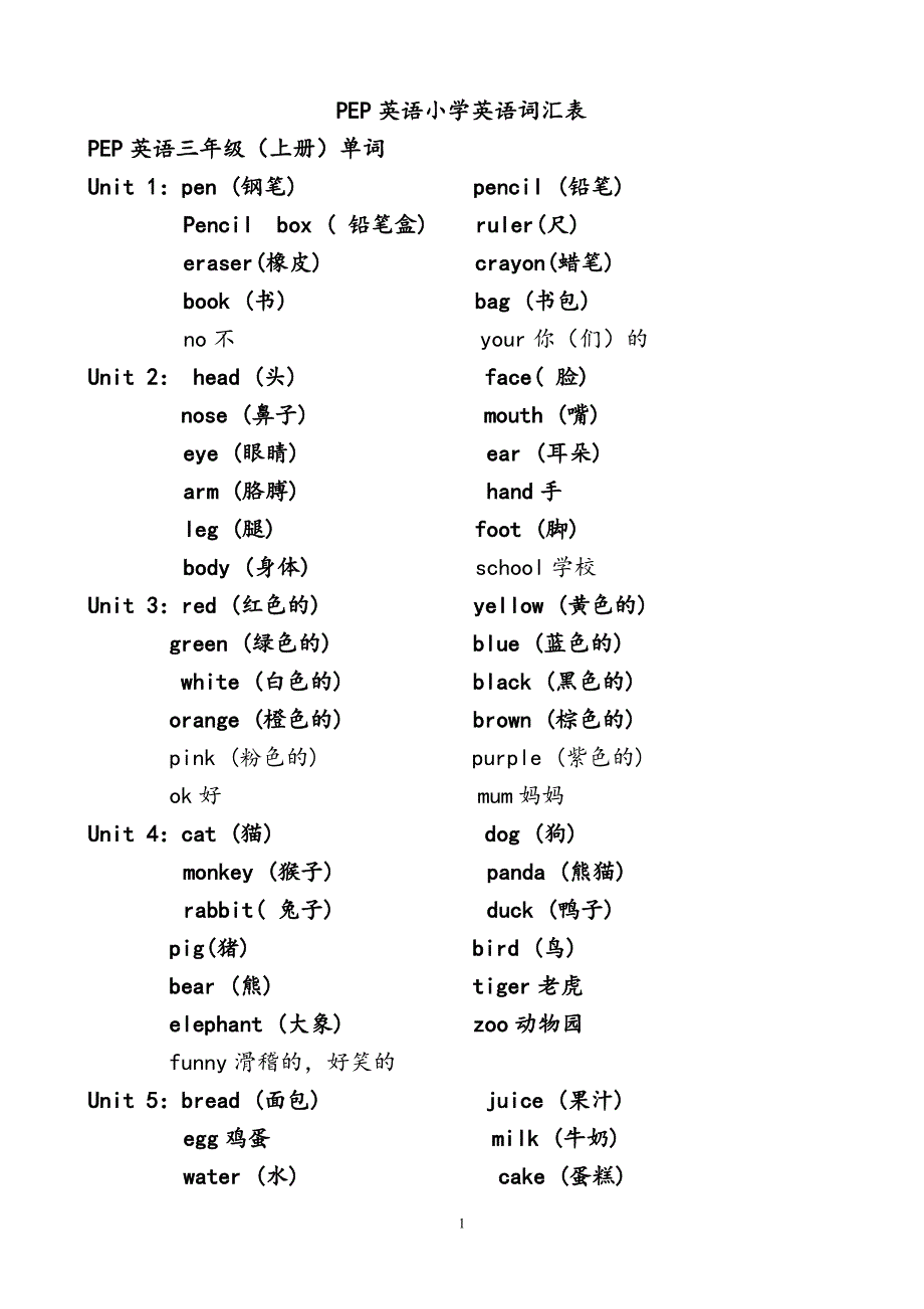 PEP人教版三到六年级英语词汇,黑体+白体_第1页