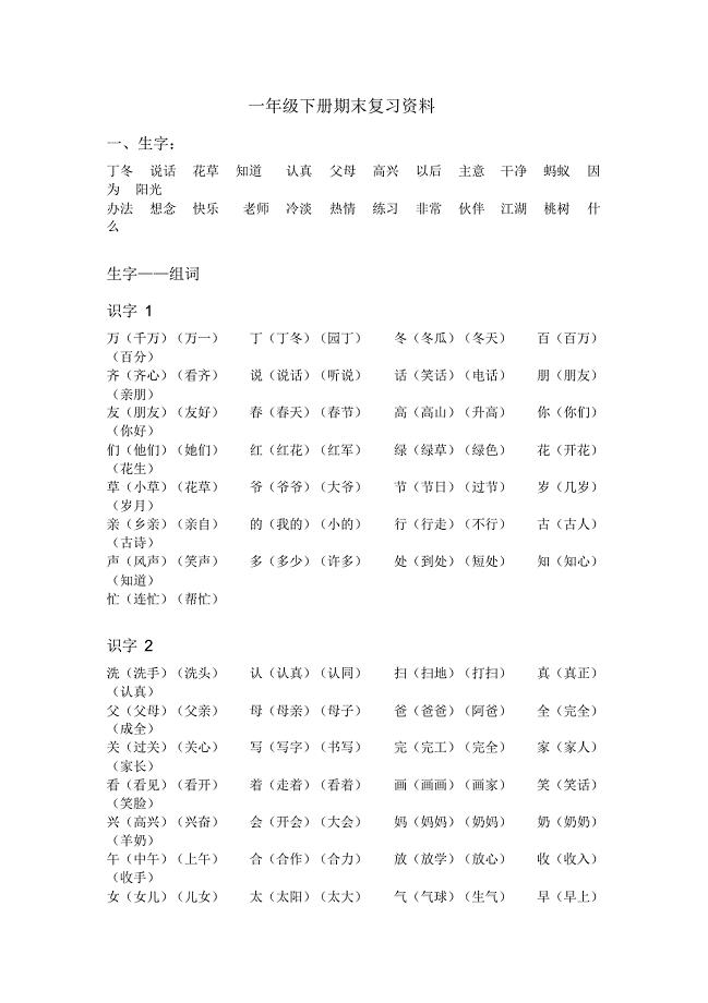 部编版一年级语文下册期中复习资料,必考知识点全覆盖