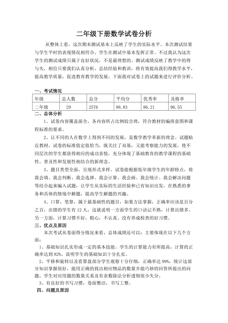 {精品}新人教版二年级数学下册试卷分析_第1页