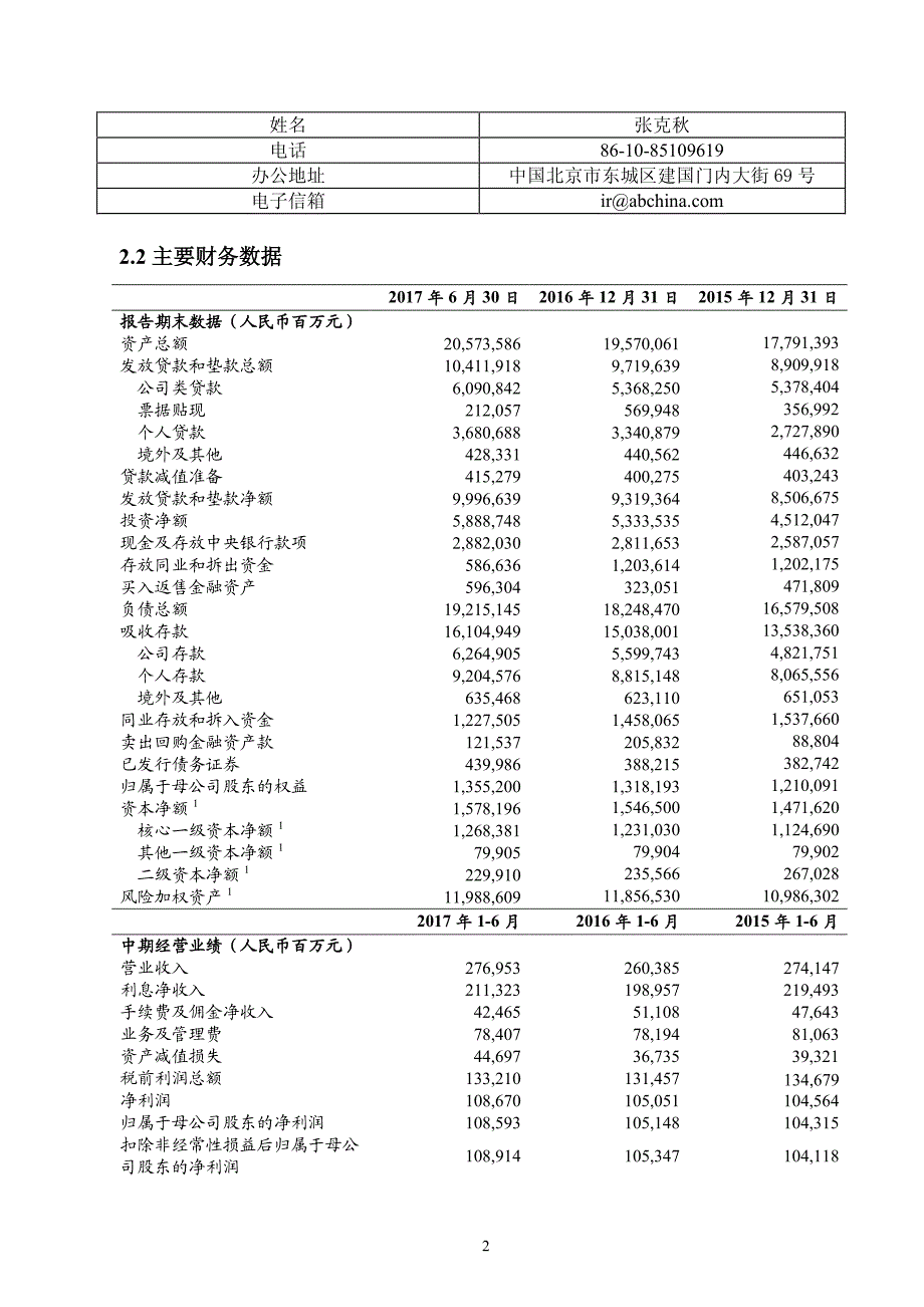 农业银行：2017年半年度报告摘要_第2页