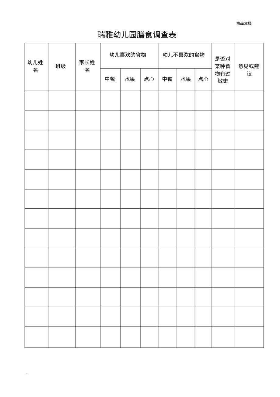 瑞雅幼儿园膳食调查表_第1页