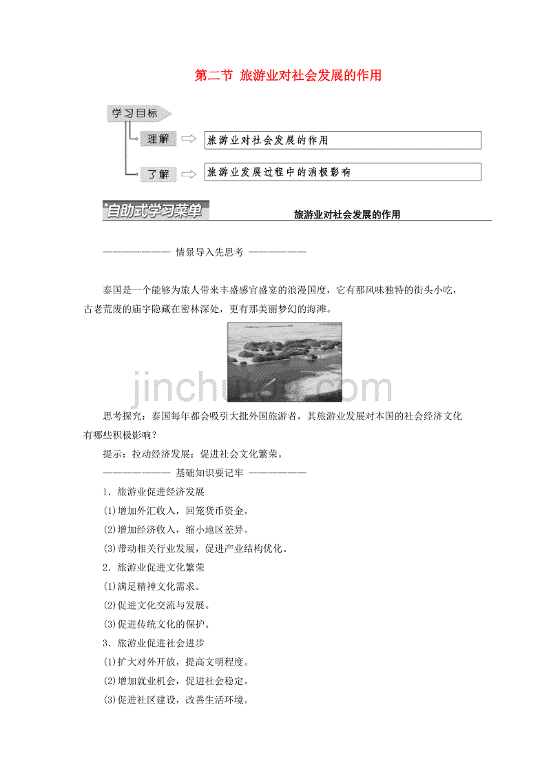 高中地理 第一单元 蓬勃发展的旅游业 第二节 旅游业对社会发展的作用教学案 鲁教版选修3_第1页