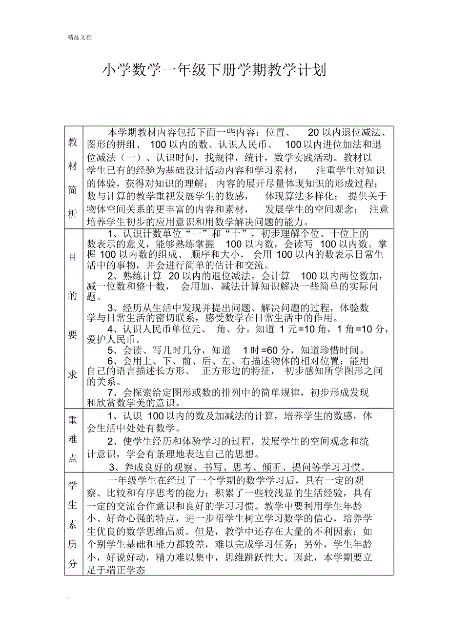 人教版一年级下册数学教学计划进度表及单元计划_第1页