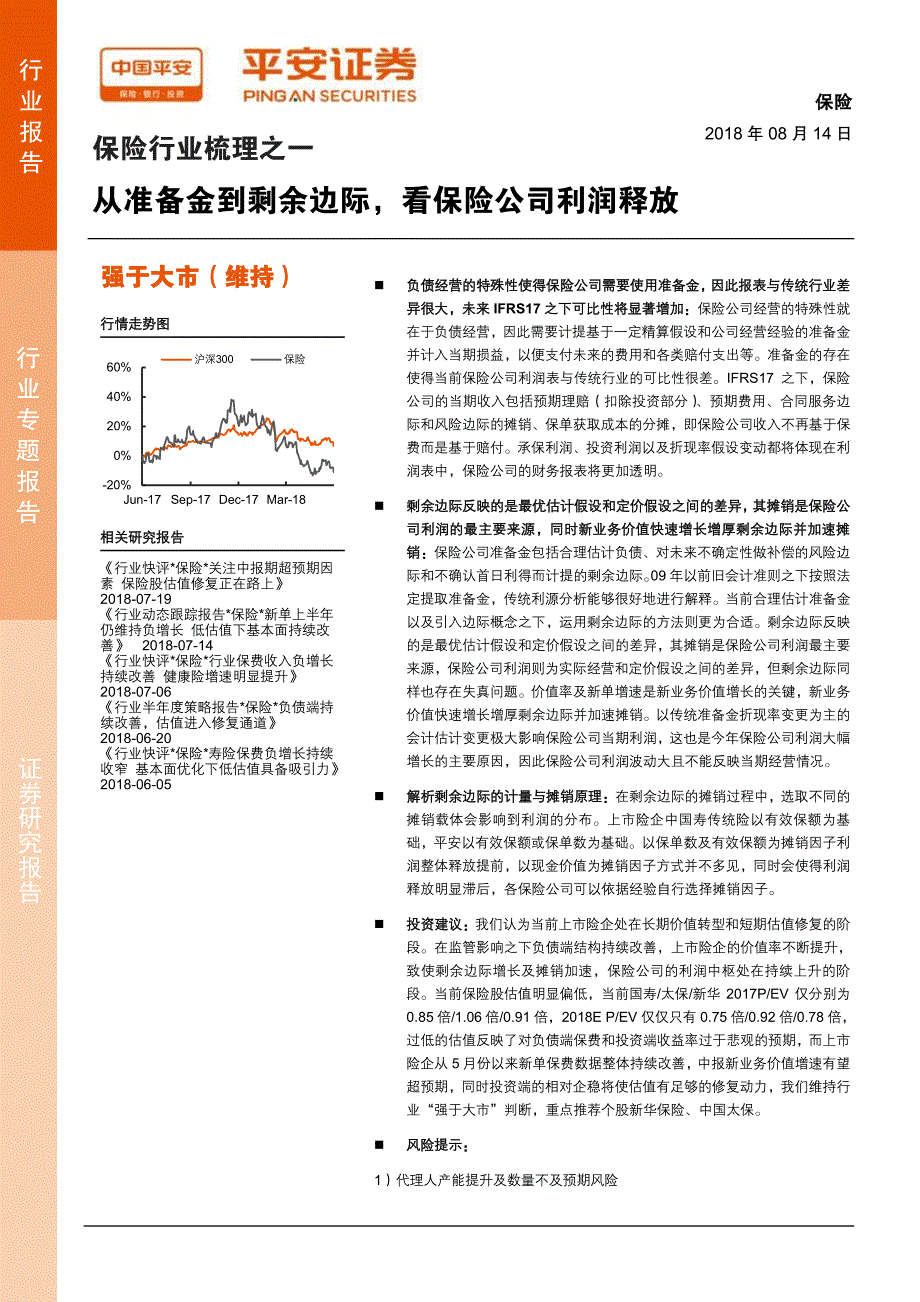 保险行业梳理之一：从准备金到剩余边际看保险公司利润释放_第1页