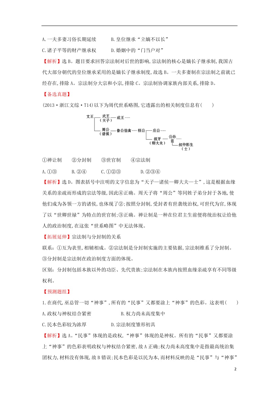 高考历史一轮复习（考题演练+跟踪检测）1.1 中国早期政治制度的特点 人民版_第2页